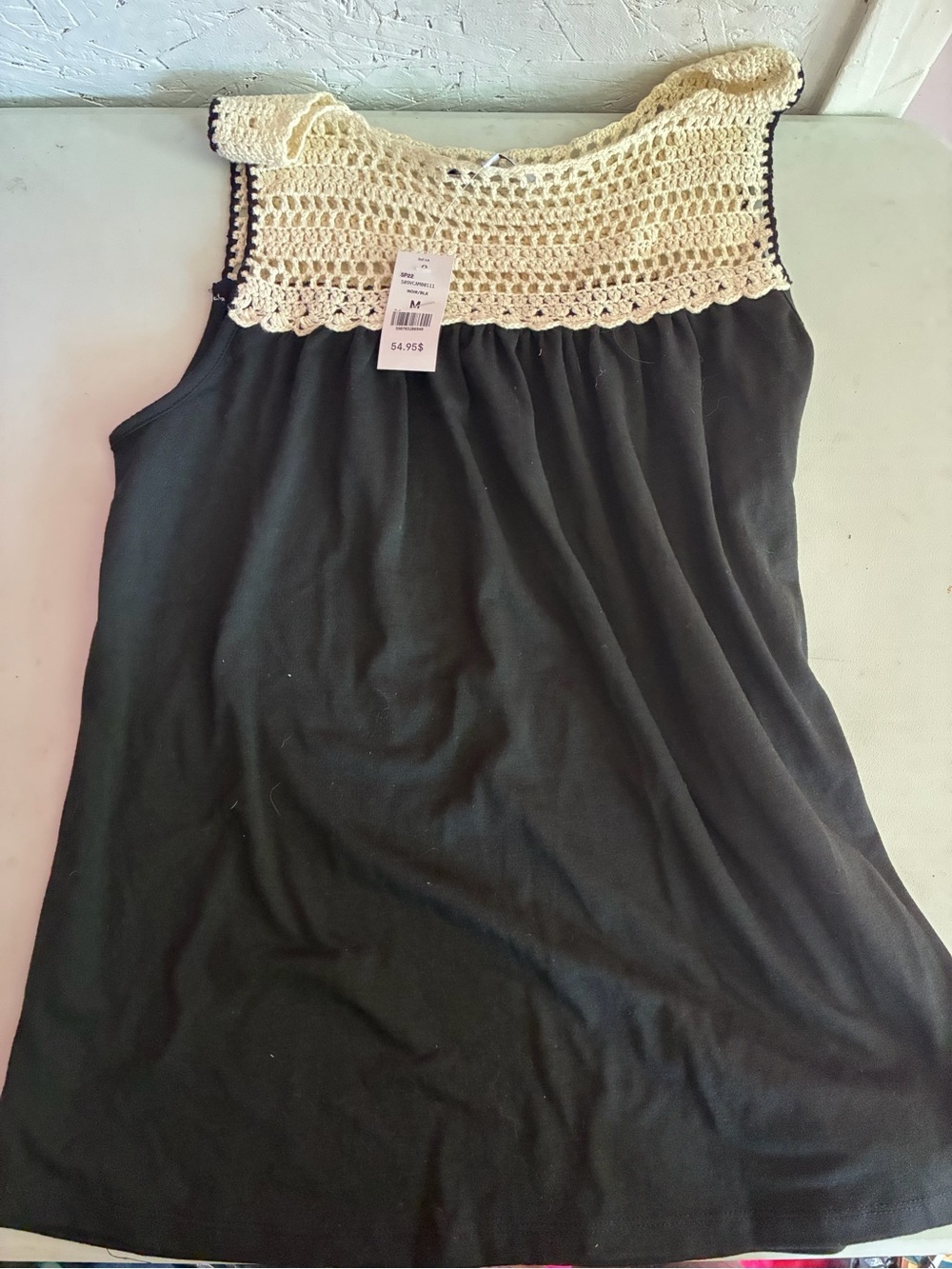 Sleeveless Crochet Yoke Tank Top - Black and Cream